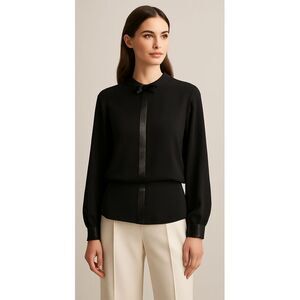 Oscar de la Renta | Black Satin Bow Tuxedo Bishop Blouse  Size 10 | EUC